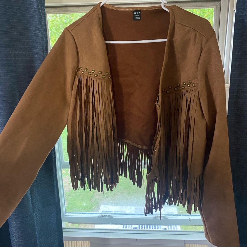 SHEIN Tan Fringe Jacket with Stud Accents